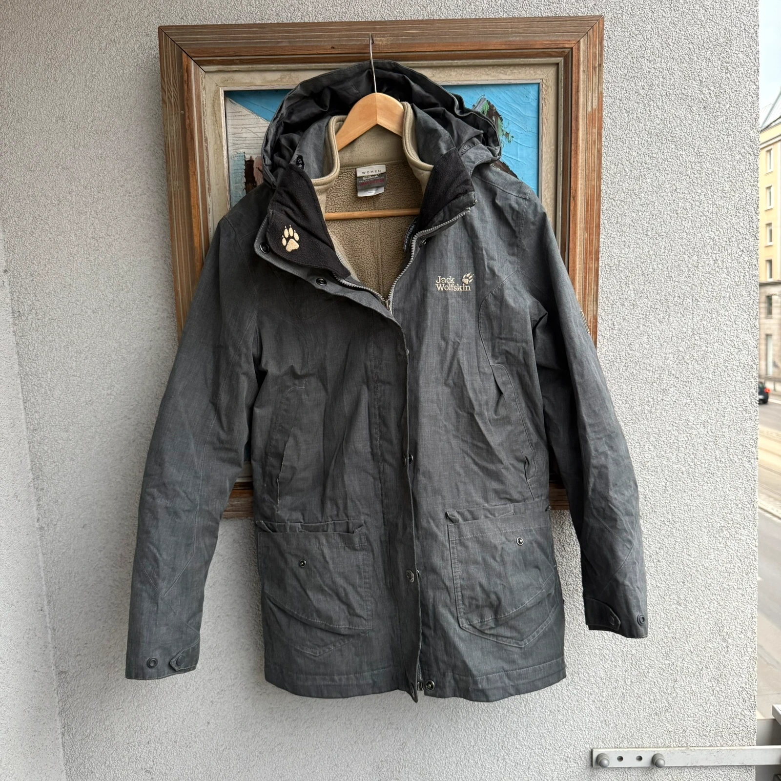 Kurtka Jack Wolfskin Ocieplana Szara Przeciwdeszczowa z Polarem