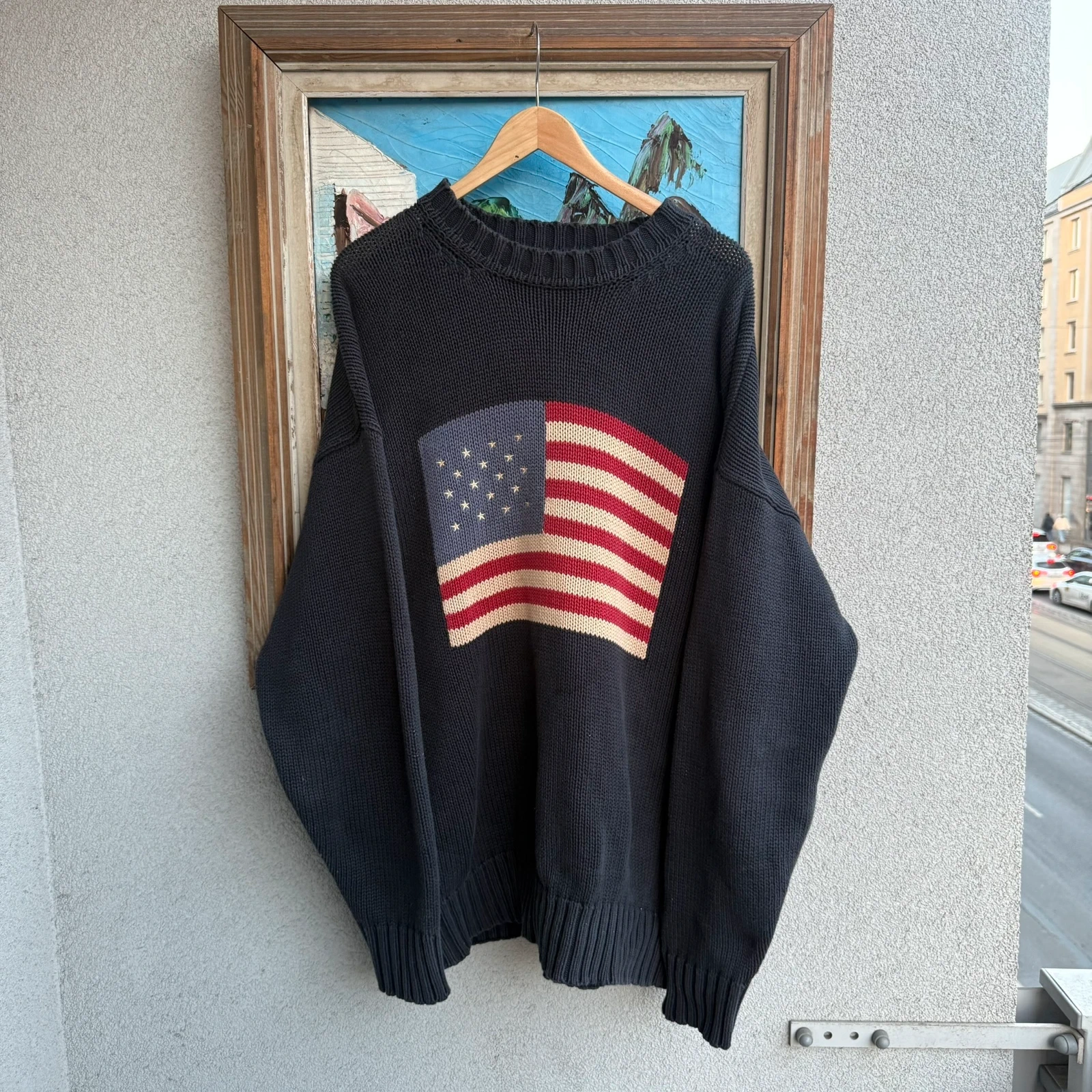 Sweter American Flag Oversize Vintage Pleciony Ciezki