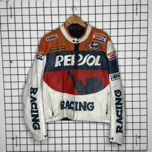 Repsol Kurtka Skorzana Racing Jacket Kolorowa z haftem Vintage 90s Skorzana Skora