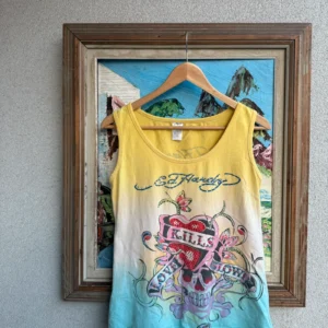 Ed Hardy Koszulka Żółta y2k Kryształki L Vintage Streetwear - zdjęcie 4