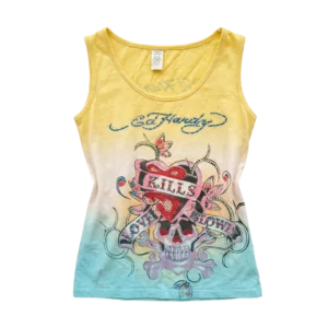 Ed Hardy Koszulka Żółta y2k Kryształki L Vintage Streetwear - widok ogólny przód vintage