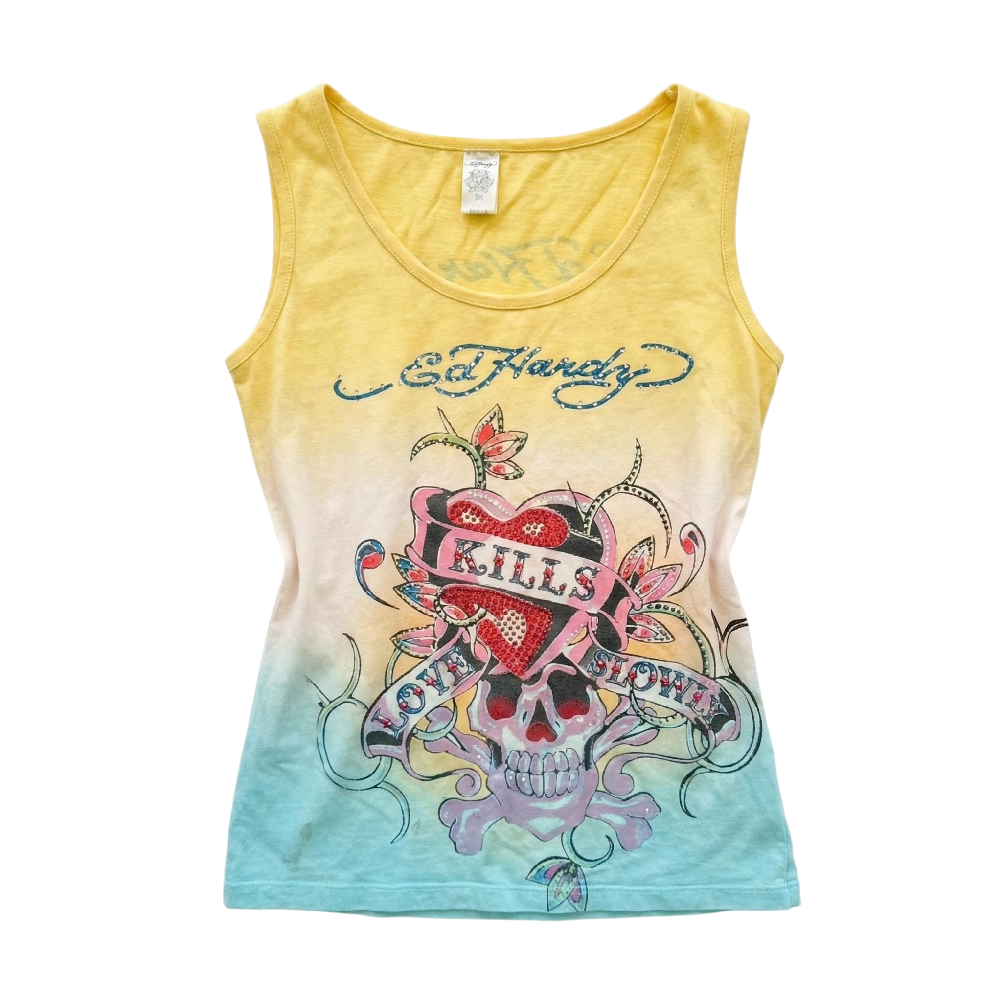 Ed Hardy Koszulka Żółta y2k Kryształki L Vintage Streetwear - widok ogólny przód vintage