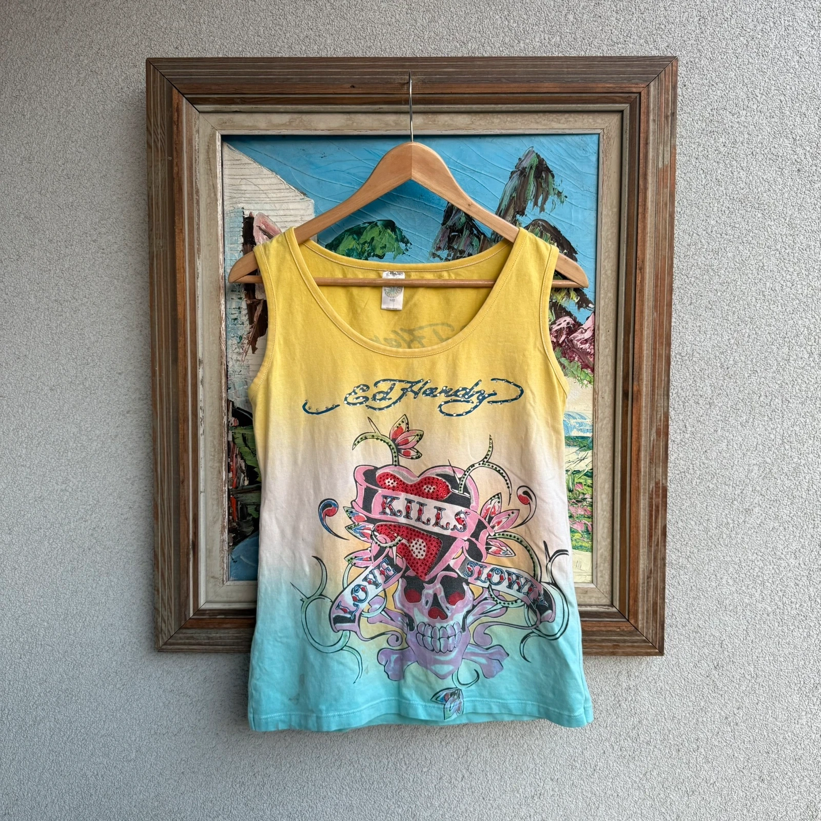 Ed Hardy Koszulka Żółta y2k Kryształki L Vintage Streetwear - widok ogólny przód vintage