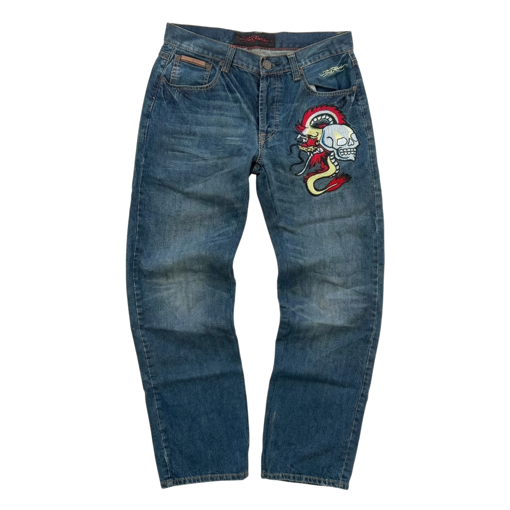 Ed Hardy Spodnie Szerokie Niebieskie XL Vintage Streetwear - widok ogólny przód vintage