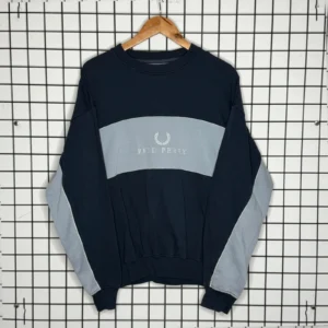 Fred Perry Bluza Crewneck Logo L Vintage Streetwear Niebieska - zdjęcie 2