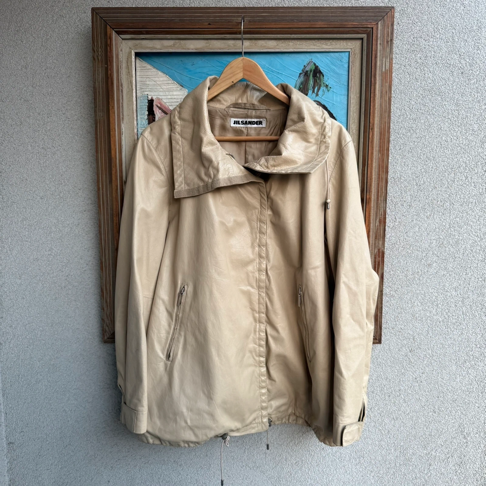 Jil Sander Kurtka Skórzana Beżowa XL Vintage Streetwear - widok ogólny przód vintage