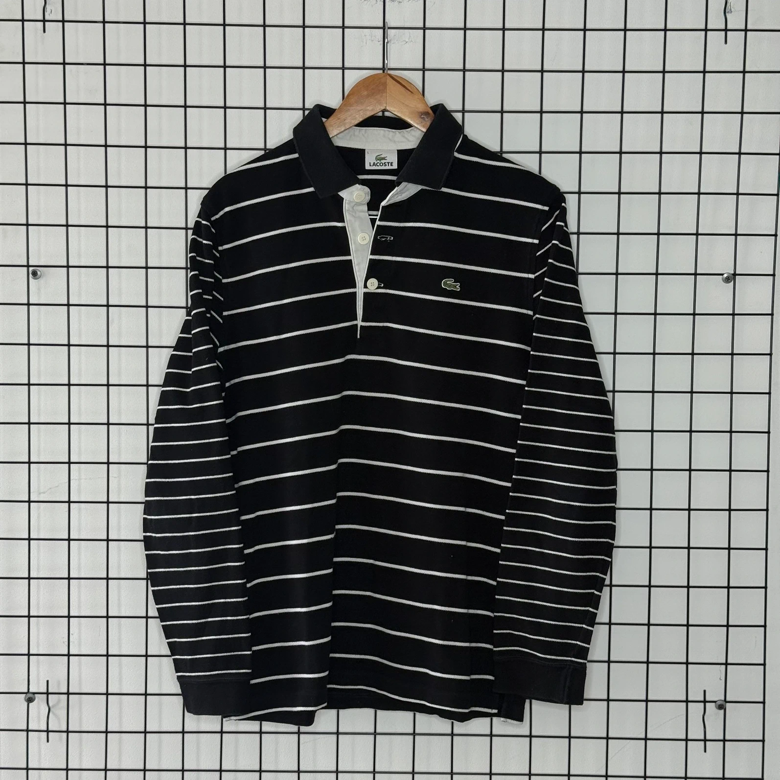 Lacoste Koszulka Polo Rugby w Paski Długi Rękaw XL Vintage - widok ogólny przód vintage