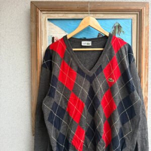 Lacoste Sweter Wełniany V-neck Romby XL Vintage - zdjęcie 4