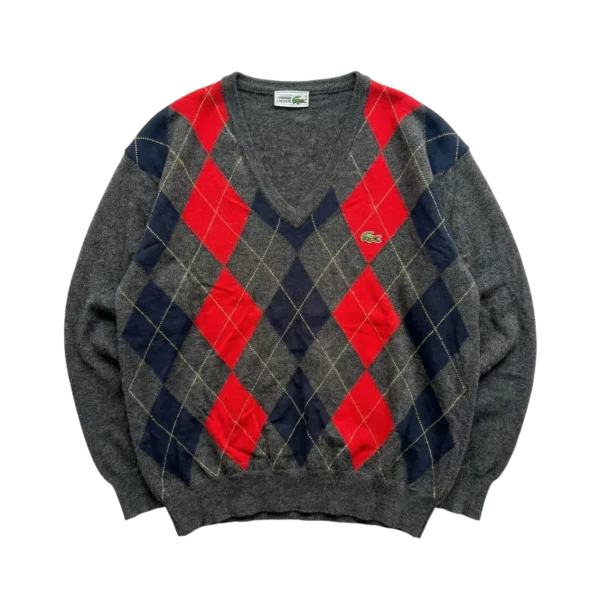 Lacoste Sweter Wełniany V-neck Romby XL Vintage - widok ogólny przód vintage