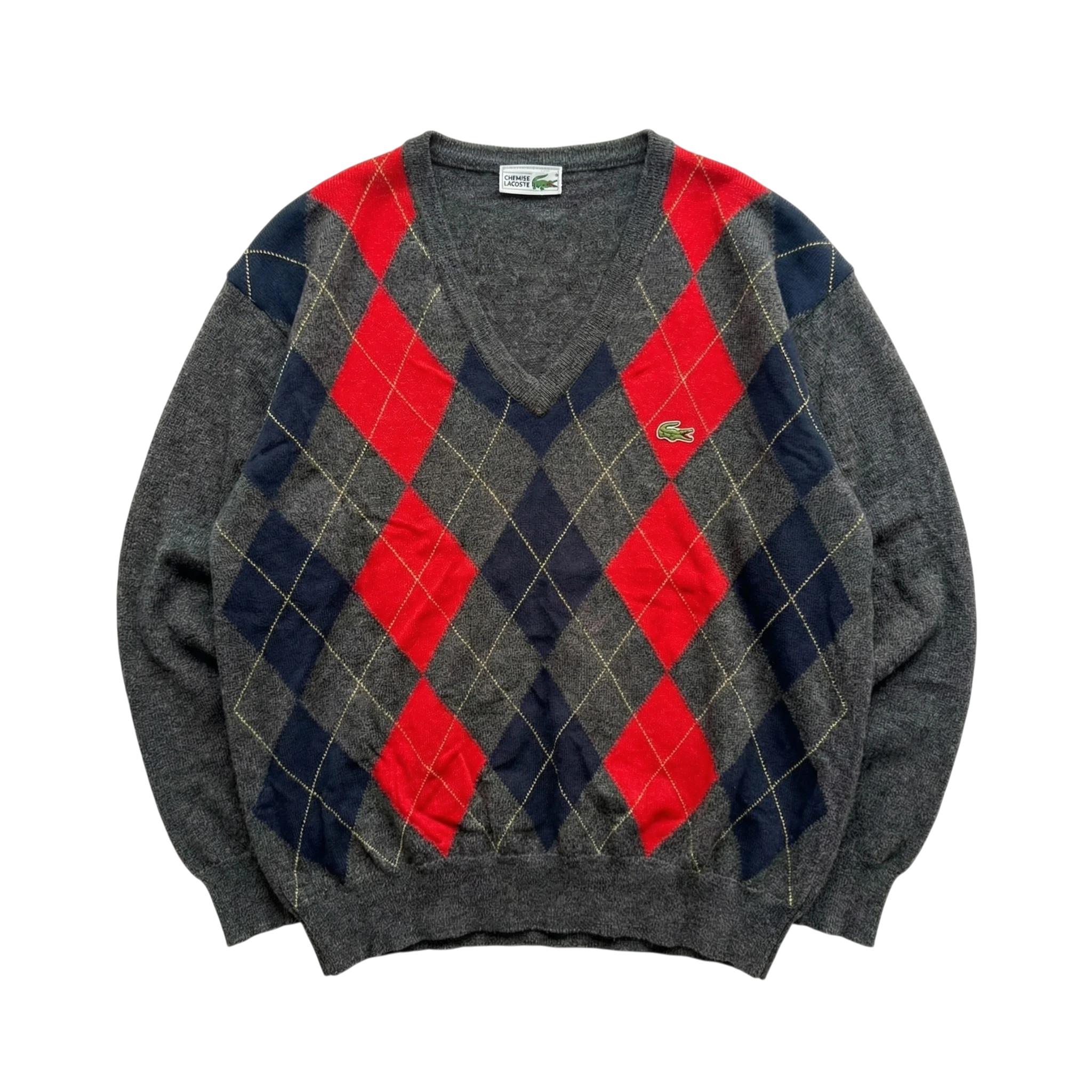 Lacoste Sweter Wełniany V-neck Romby XL Vintage - widok ogólny przód vintage