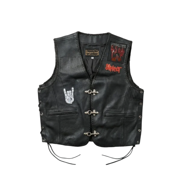 Metal Kamizelka Skórzana Rock Naszywki XXL Vintage - widok ogólny przód vintage