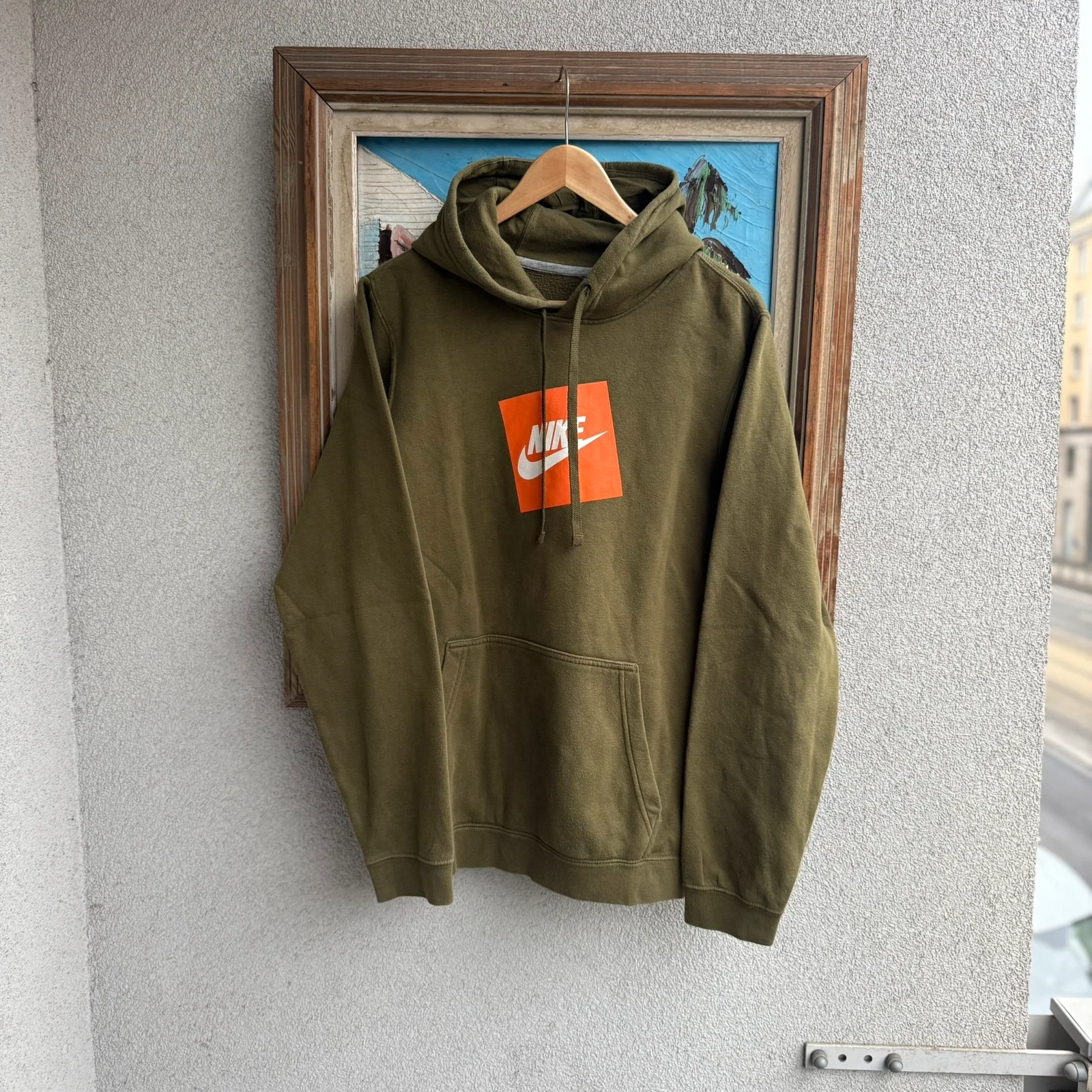 Nike Bluza Hoodie Khaki Swoosh L Vintage Streetwear - widok ogólny przód vintage