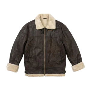 Shearling Kurtka Skórzana Brązowa L Vintage Streetwear - widok ogólny przód vintage