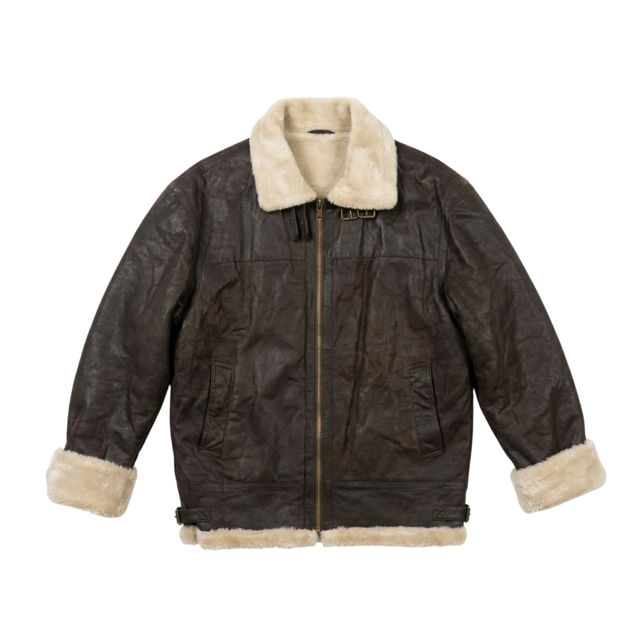 Shearling Kurtka Skórzana Brązowa L Vintage Streetwear - widok ogólny przód vintage