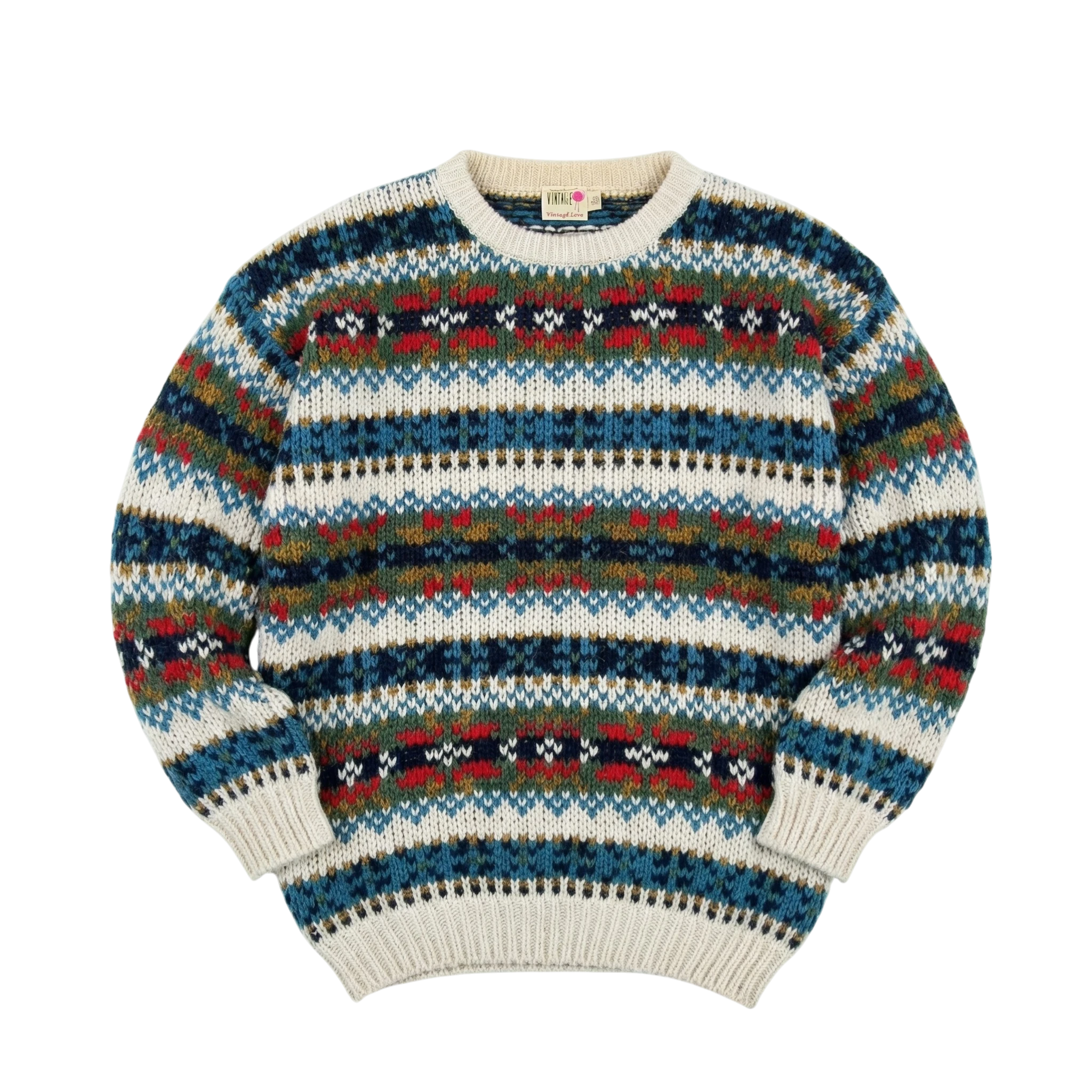 Vintage Love Sweter Wełniany Kolorowy Wzór L Vintage Streetwear - widok ogólny przód vintage